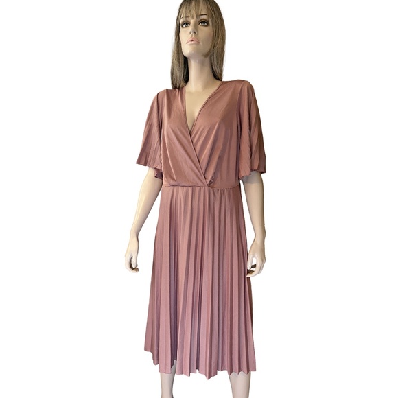 ASOS Dress Simply Be Pleated Kimono Sleeve Deep V Neck Midi Skater Rose Pink - Picture 2 of 14